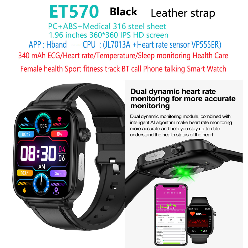 Bracelet en cuir noir ET570-ECG-health-smart-watch