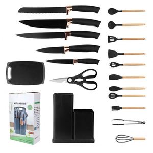 Juego de utensilios de cocina de silicona KitchenBliss de 19 piezas con mango de madera, tabla de cortar y cubo de almacenamiento, juego de cuchillos de cocina - Product Image 4