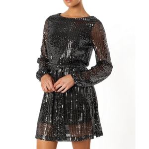 Nuevo Vestido Mini Negro de Lentejuelas con Manga Larga para Mujer, Cuello Redondo, Cintura Ajustable con Lazo, Vestido de Fiesta - Product Image 4