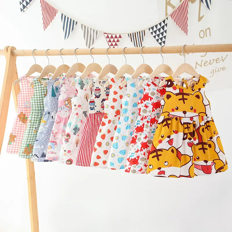 2022 new cheap cotton comfortable Summer Toddler Girls Dresses Kids clothing Sleeveless Cartoon Print Flower Girl Casual Clothes