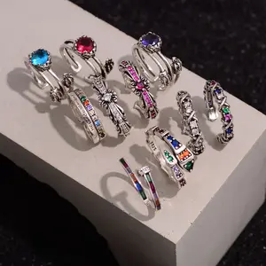 热销时尚Y2K铜锆石十字蛇开环几何彩色锆石钻石戒指女性饰品