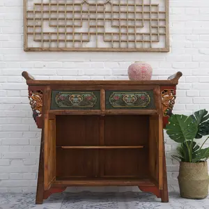 Chinese Vintage Solid Wood Living Room Furniture Wall Decor Antique Custom Carved Storage Cabinet