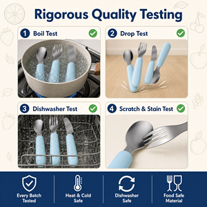 Juego de cucharas y tenedores de silicona duraderos respetuosos con el medio ambiente para bebés, juego de comedor de acero inoxidable para niños con mango de silicona, venta al por mayor - Product Image 2