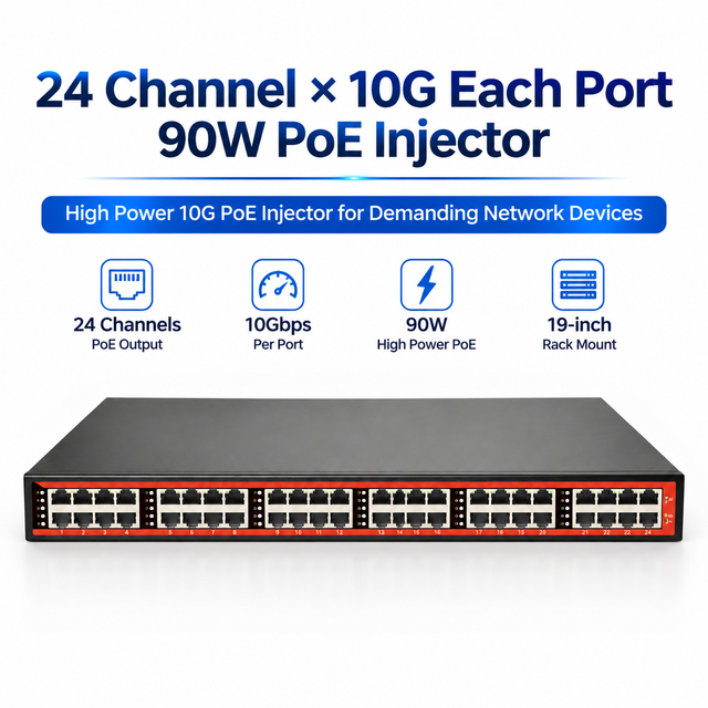 IEEE802.3bt 90W PoE Injector 1G/2.5G/5G/10G PoE Mid-Spain 24 Channel Rack-Mounted PoE Injector 1000Mbps PoE++ Injector 900W