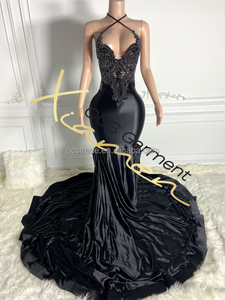 Robe de soirée en satin de marque célèbre MF Designer, robe de bal élégante et sexy avec traîne en cristal, or noir respirant - Product Image 4