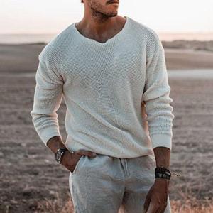 Suéter de punto tipo gofre con cuello en V ancho para hombre, estilo otoño-invierno, con textura de panal, cuello holgado y ribetes acanalados, ajuste ceñido. - Product Image 4
