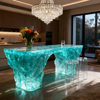 Table à manger contemporaine en résine transparente de luxe, en forme de vague, avec comptoir de bar lumineux en cristal artificiel pour villa et hôtel