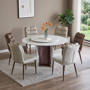 Modern Round Stone <b>Dining</b> <b>Table</b> Set with Rotatable <b>Top</b> 6 Seats Minimalist Design Durable Waterproof Hotel Use - Product Image 2