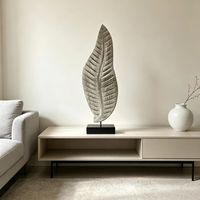 Patung Kayu Solid Daun Panjang Ukiran Tangan Tekstur Urat Simetris Putih Antik Gaya Wabi Sabi Dekorasi Meja