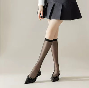 Европейские Модные женские весенне-летние трикотажные носки до колен без костей, золотые серебряные шелковые блестящие носки для экипажа с манжетой с логотипом - Product Image 6