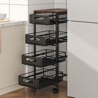 Étagère de rangement à 4 niveaux avec roulettes, dessus en bois et structure métallique, pour fruits, légumes et pâtisseries, avec tiroirs, pour le rangement de la cuisine et des collations