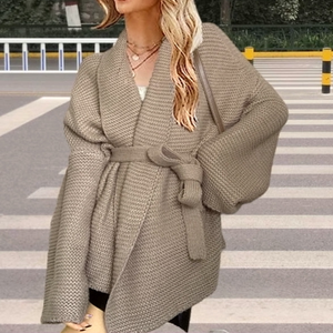 Cardigã Feminino de Tricô com Decote em V, Estilo Casual e Descontraído, com Cinto para Atar na Cintura, para Outono Inverno - Product Image 5