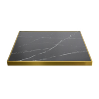 Table carrée de luxe en porcelaine noire avec bordure en acier inoxydable doré titane brossé, base en métal, table de café, restaurant, bistrot