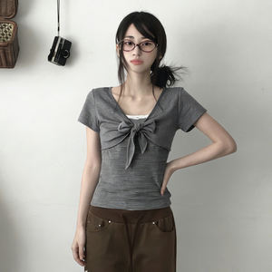 Ins Style Korean Black Grey Stripe Colorblock Tank <b>Top</b> Two Piece Set Short Sleeve Layered Look <b>Top</b> Basic Casual Versatile Blouse - Product Image 5