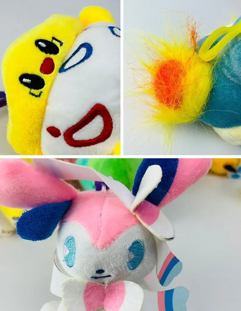 Mix 12 tipos de chaveiros de pelúcia para bonecas Pokémon de 4 polegadas, pequenos e baratos, desenhos animados de anime, chaveiros de pelúcia