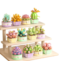 9 Pcs Set Blok Bangunan Mini Bunga dalam Pot Mawar Lily Daisy Lavender Model Tanaman dari Bata dengan Dudukan Kayu Dekorasi DIY Hadiah