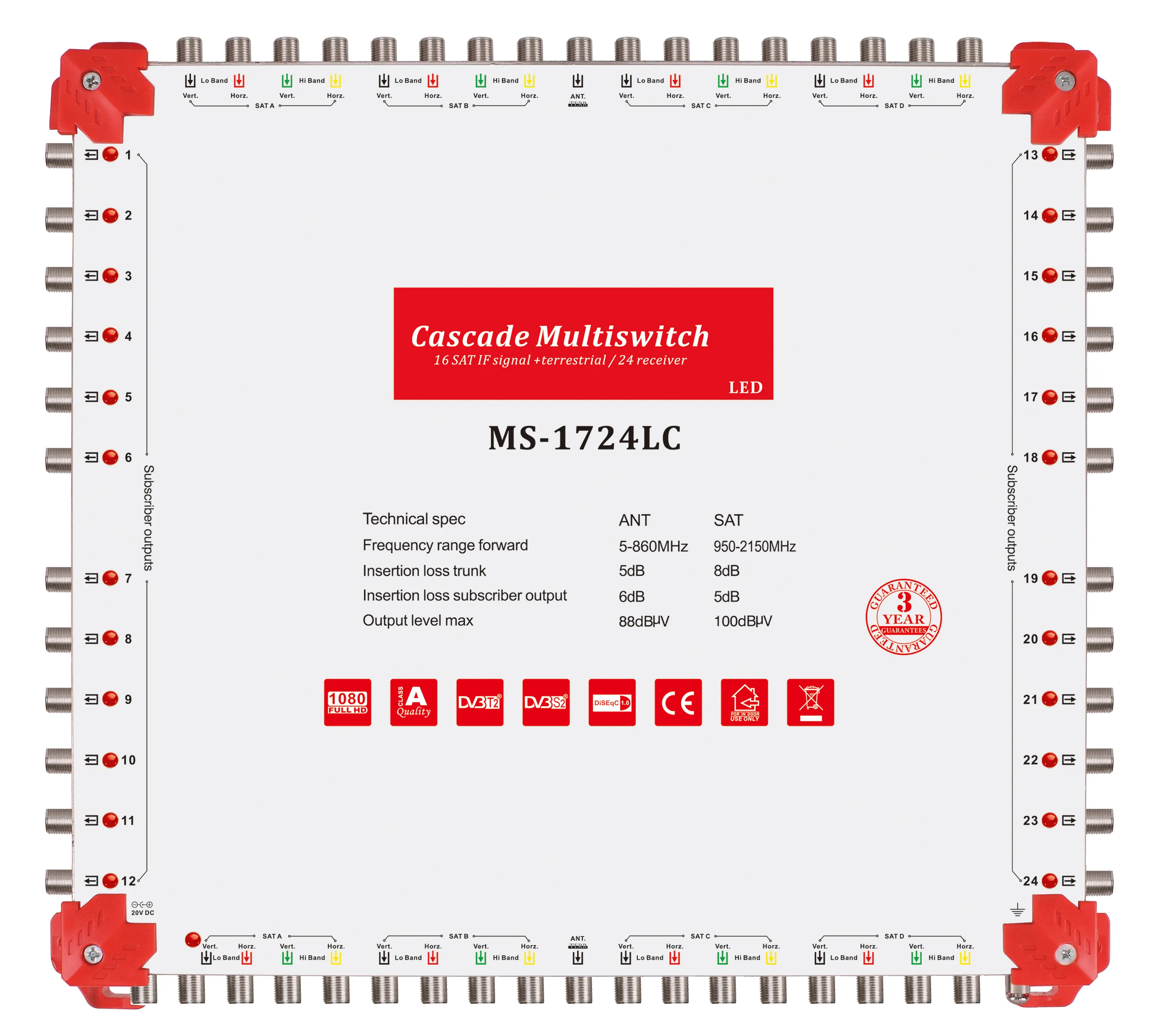 17 in 24 fuori satellitare multiswitch diseqc 2.0 c e banda ku cascadae satellitare multiswitch