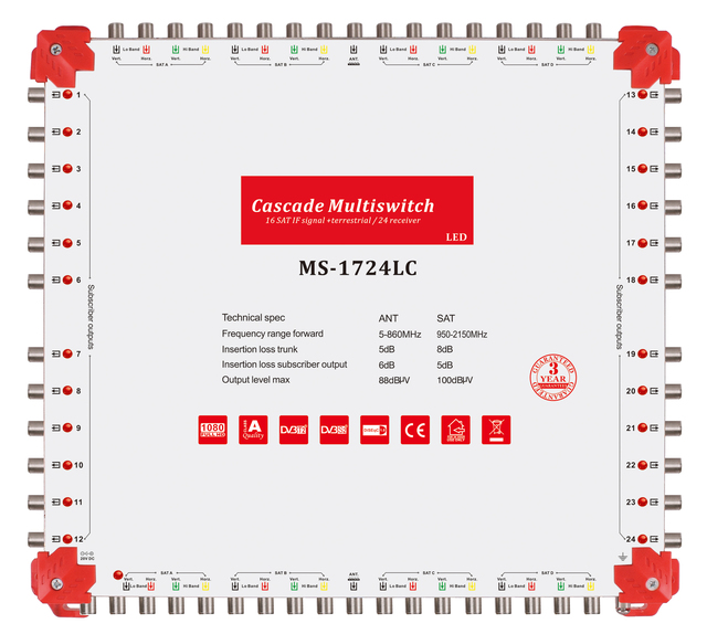 17 in 24 Out Satellite Multiswitch Diseqc 2.0 c and Ku Band Cascadae Satellite Multiswitch