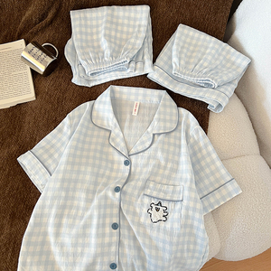 2025 Summer Clouds Cotton Yarn Pajamas Blue Lattice Embroidered <strong>Dog</strong> Women's Cartoon Comfortable Three-Piece - Product Image 2