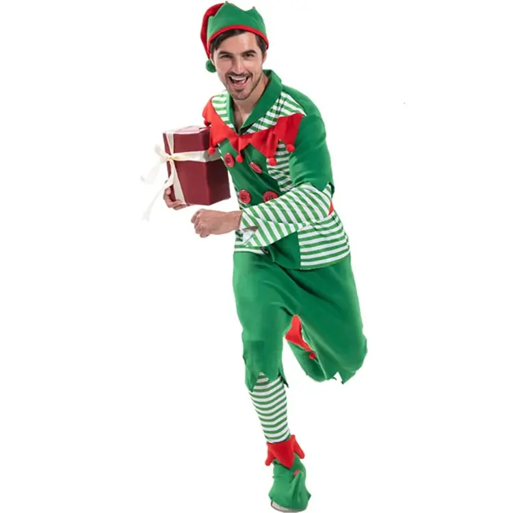 Adulto Verde Stripe Outfit Santa Ajudante Trajes Exclusivos Fancy Dress Elf Costume Men Natal