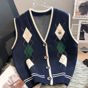Loveda nouvelle tendance femmes <span class=keywords><strong>sans</strong></span> manches tricoté débardeurs <span class=keywords><strong>col</strong></span> en <span class=keywords><strong>V</strong></span> bouton unique Argyle pulls amples pour l'automne - Product Image 4
