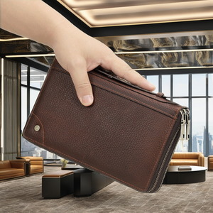 Portefeuille long vintage en cuir véritable pour homme avec fermeture éclair RFID, pour chéquier, cartes de crédit, affaires, grande capacité, polyester - Product Image 2