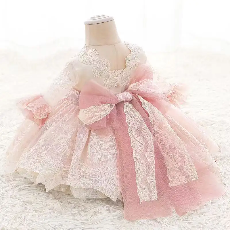wholesale High Quality pink Cotton long Sleeve Above Knee Length With Bow Girl Lace Lolita Dress