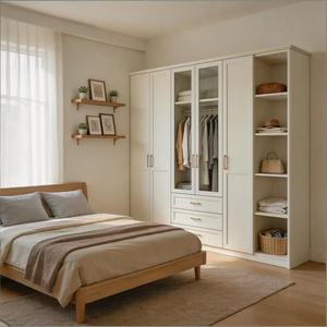 Armario Moderno de Lujo en Color Blanco Crema con 6 <span class=keywords><strong>Puertas</strong></span> de Vidrio, Estantes Abiertos Integrados y Cajones, Armario para Dormitorio - Product Image 2