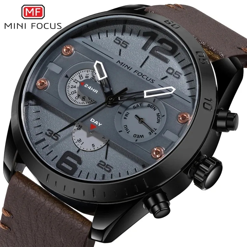 MINI FOCUS 0068G Top Brand Casual Watch Men's Army Sports Quartz Watches Leather Strap Calendar Week Date Wristwatch Man Clock