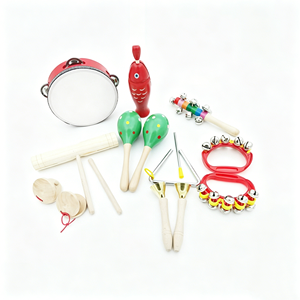 Juego de 9 Instrumentos de Percusión Orff de Madera con Triángulo, Castañeta, Pandereta, Campana de Mano y Baqueta para Niños - Product Image 6