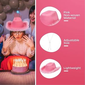 หมวกคาวบอยสีชมพูประดับขนนก ขนาดเดียวใส่ได้ทุกคน สำหรับผู้ใหญ่และเด็กโต ใส่ไปงานปาร์ตี้ได้ หมวกขนสัตว์เทียมแบบ unisex - Product Image 4