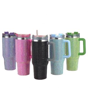 Gobelet de voyage isotherme sous vide double paroi 40 oz, design diamant et perle, haute qualité, avec paille et poignée, vente en gros - Product Image 1