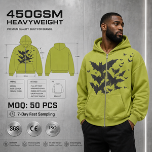 Sudadera con capucha para hombre, con cremallera completa, diseño gráfico de murciélago vintage personalizado, estampado desgastado, estilo urbano oversize, forro polar de alto gramaje - Product Image 1