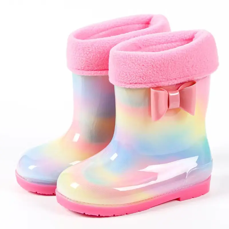 Botte de pluie imperméable en PVC pour enfants, motif arc-en-ciel rose bleu avec fourrure, meilleure vente 2023