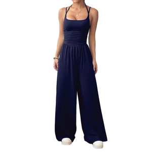 Combinaison longue décontractée bleu marine pour femme, à bretelles spaghetti, col licou, sans manches, taille haute, coupe droite, style streetwear - Product Image 1