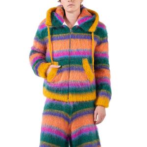 Personalizado OEM y ODM Mohair hombres suéter borroso manga larga de punto de invierno a rayas con cremallera con capucha de punto hombres cárdigan suéter - Product Image 5
