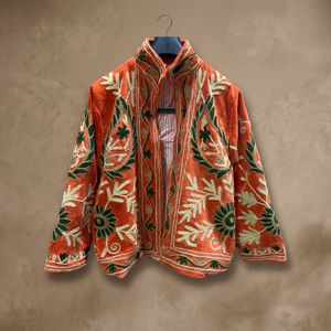 Veste en velours orange à col mandarin avec motif floral brodé à la main, manches longues, manteau d'automne pour femme, longueur normale, B2B - Product Image 1