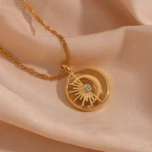 Fashion Jewelry Necklaces Hollow Out Sun Moon Pendant Necklace 18k Gold Plated Stainless Steel Jewelry