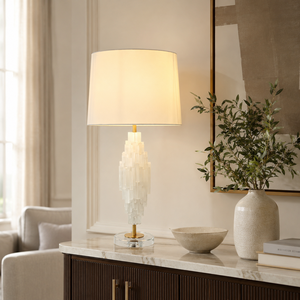 Lampada da Comodino Moderna in <span class=keywords><strong>Cristallo</strong></span> di Selenite Naturale Traslucido a Più Livelli con <span class=keywords><strong>Paralume</strong></span> in Tessuto per Camera da Letto e Soggiorno - Product Image 1