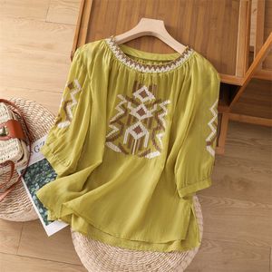 Women Embroidered <b>Linen</b> <b>Top</b> Three Quarter Sleeve Vintage Loose Fit Breathable Summer Blouse White Navy Blue Yellow Gray Apricot - Product Image 2