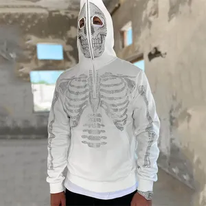 Fashion Men's Quarter Zip Hoodies Oversized Street Rhinestone Skeleton Logo Men's Cotton Hoodies