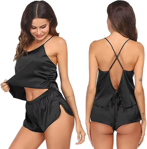 Ensemble de pyjama de nuit décontracté élégant de luxe pour femmes, en satin à imprimé animal, sans manches, en tissu éponge, col en V, brodé - Product Image 1