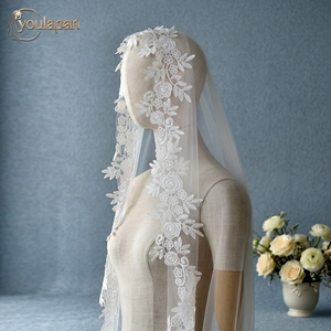 Voile de mariée YouLaPan V327 romantique pour photographie de mariage en extérieur, dentelle brodée, bordure florale, sans peigne - Product Image 3