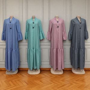 Nouvelle <span class=keywords><strong>robe</strong></span> longue à carreaux pour femmes, col montant, manches longues, plissée, grande <span class=keywords><strong>taille</strong></span>, tendance, vente en gros - Product Image 4