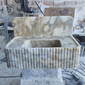 Lavabo de salle de bain en marbre blanc de Carrare de luxe avec dosseret, vente en gros - Product Image 5