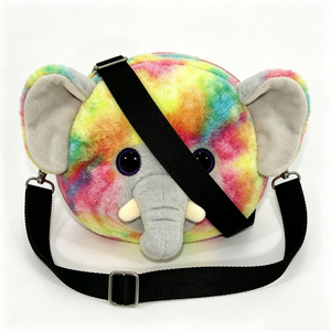 Customized <b>Rainbow</b> elephant plush crossbody bag,Colorful elephant face plush sling bag, Round fuzzy elephant plush crossbody - Product Image 2
