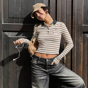 Contrast Polo Neck <b>Striped</b> Slim Fit Cropped Knit <b>Top</b> Trendy <b>Long</b> <b>Sleeve</b> Slimming Base Layer Shirt - Product Image 2