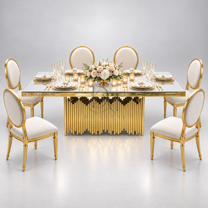 Mesa de Comedor Contemporánea de Acero Inoxidable Dorado con Cubierta de Vidrio Espejo y Base de Pedestal con Varilla Ondulada para Proyectos de Banquetes y Bodas - Product Image 4
