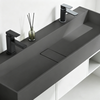 Meuble-lavabo mural de luxe OEM ODM avec lavabo intégré en surface solide, vasque en résine noire pour hôtel et villa