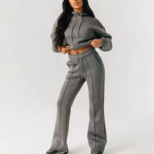 Conjunto de Chándal para Mujer con Logo Personalizado, <span class=keywords><strong>Sudadera</strong></span> Corta con Capucha y Pantalón <span class=keywords><strong>Jogger</strong></span> de Pierna Recta en Tejido Fleece - Product Image 3